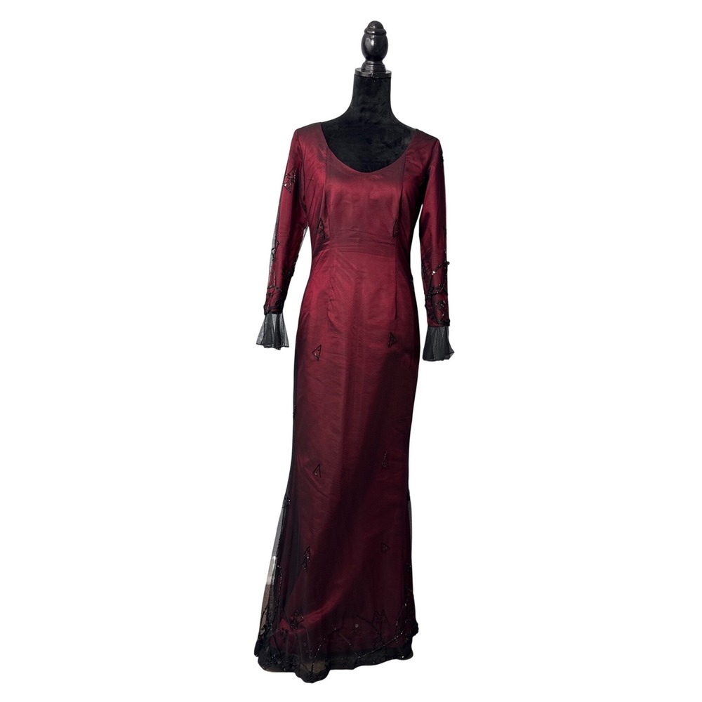 Unbranded Evening Gown Women Size M Burgundy Excellent Beaded Mesh Overlay Maxi‎